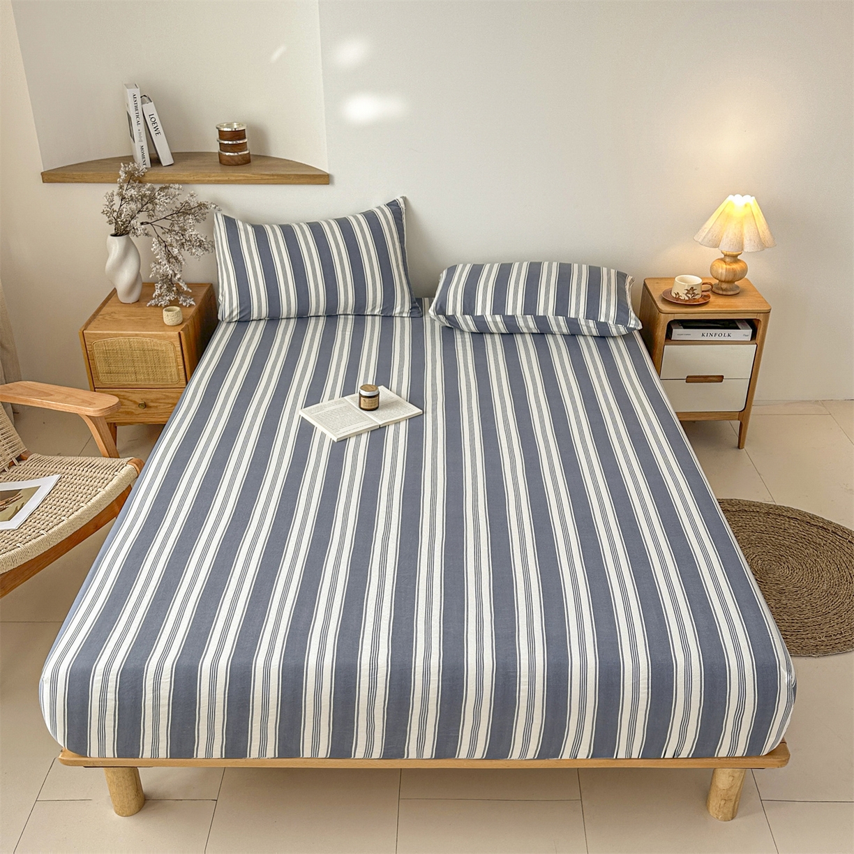 91家纺网 家纺一手货源 找家纺 盛秋家纺 2025新款A类水洗棉格子印花床笠单品床笠单件单床笠 黑灰中条