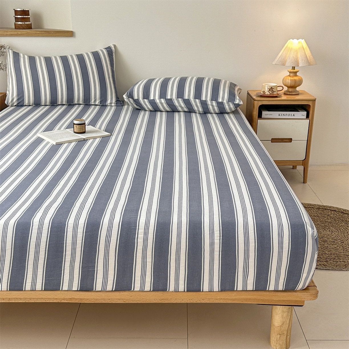 91家纺网 家纺一手货源 找家纺 盛秋家纺 2025新款A类水洗棉格子印花床笠单品床笠单件单床笠 黑灰中条