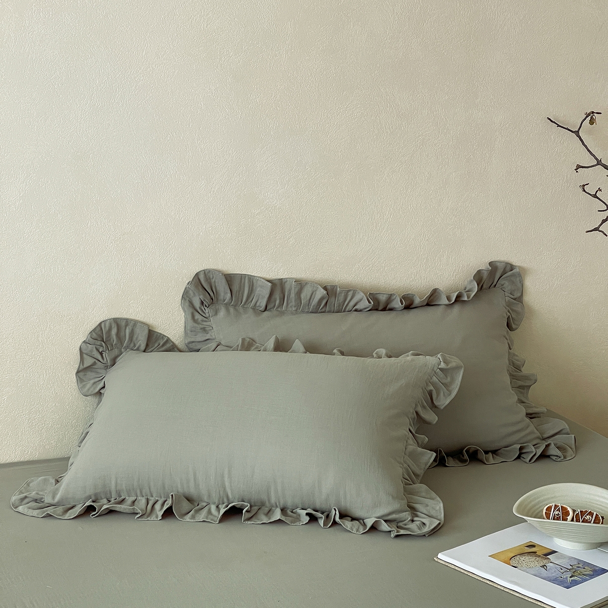 91家纺网 家纺一手货源 找家纺 三味舒屋 2025新款花边美学全棉双层纱单品单枕套 烟波绿