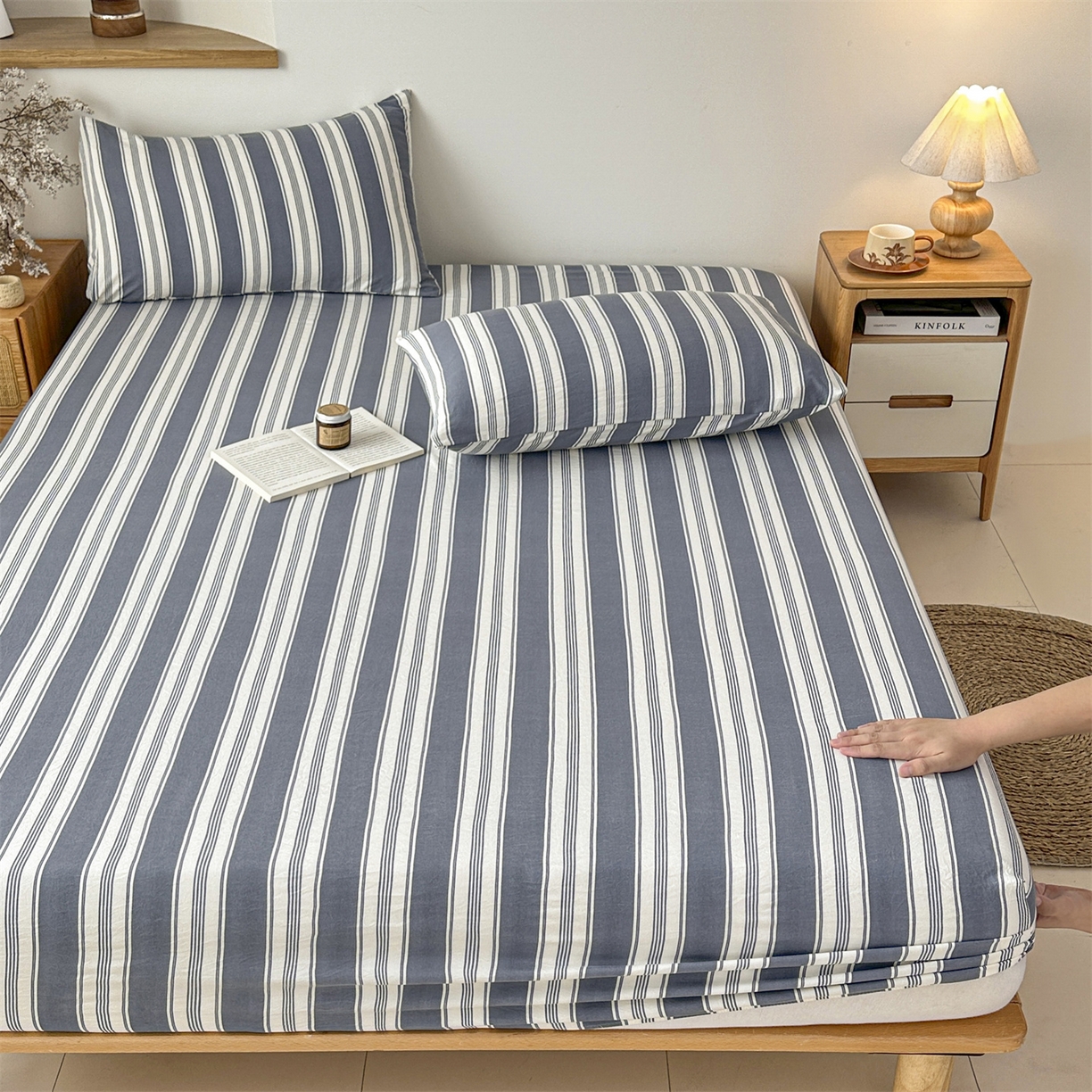 91家纺网 家纺一手货源 找家纺 盛秋家纺 2025新款A类水洗棉格子印花床笠单品床笠单件单床笠 黑灰中条