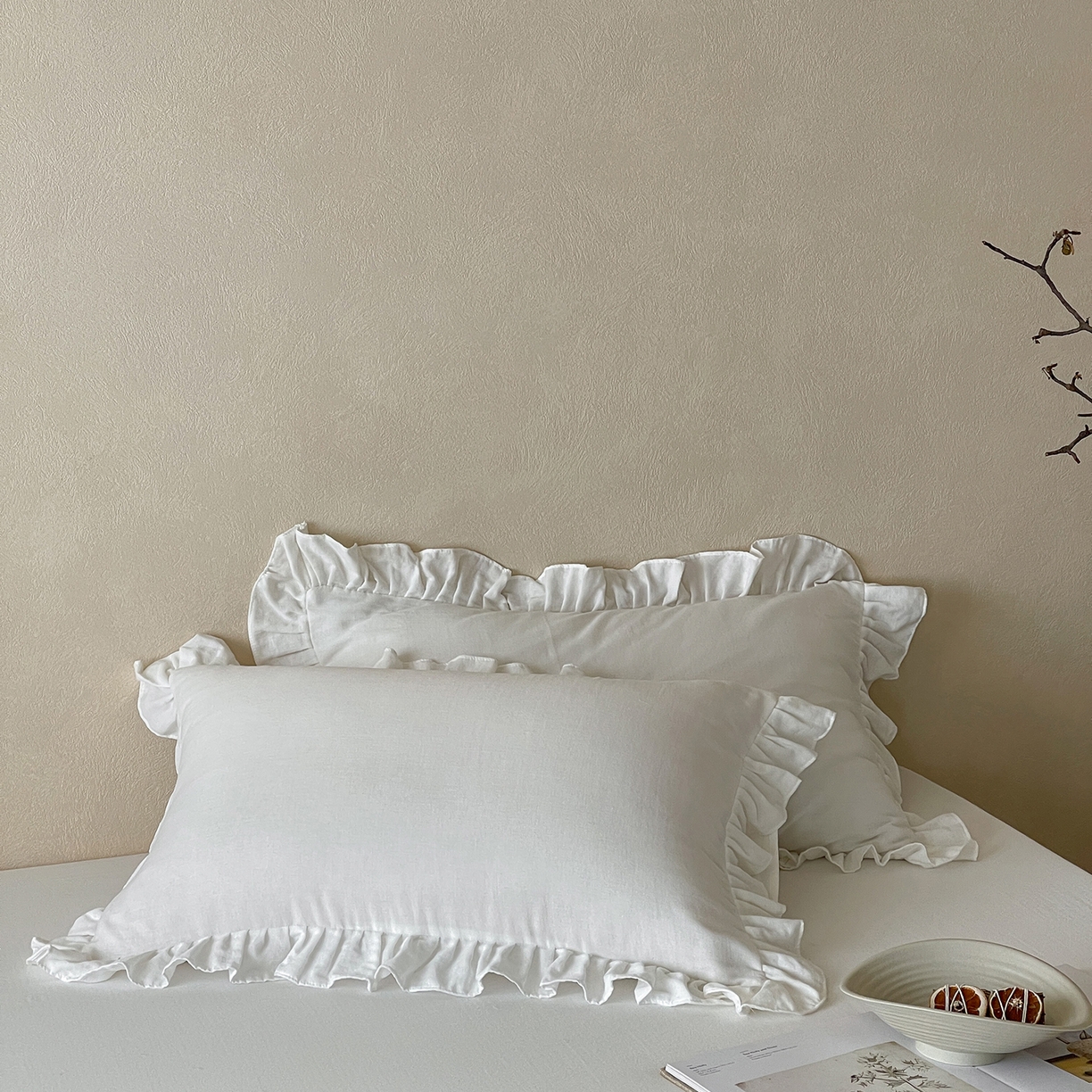 91家纺网 家纺一手货源 找家纺 三味舒屋 2025新款花边美学全棉双层纱单品单枕套 云舒白