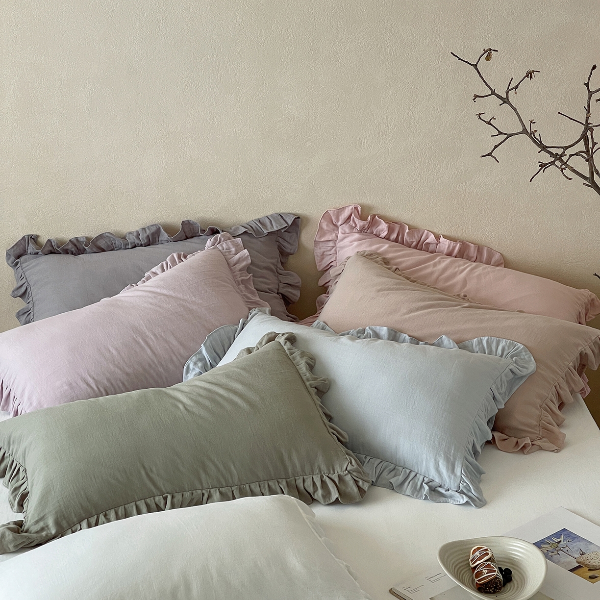 91家纺网 家纺一手货源 找家纺 三味舒屋 2025新款花边美学全棉双层纱单品单枕套 组合图仅供展示