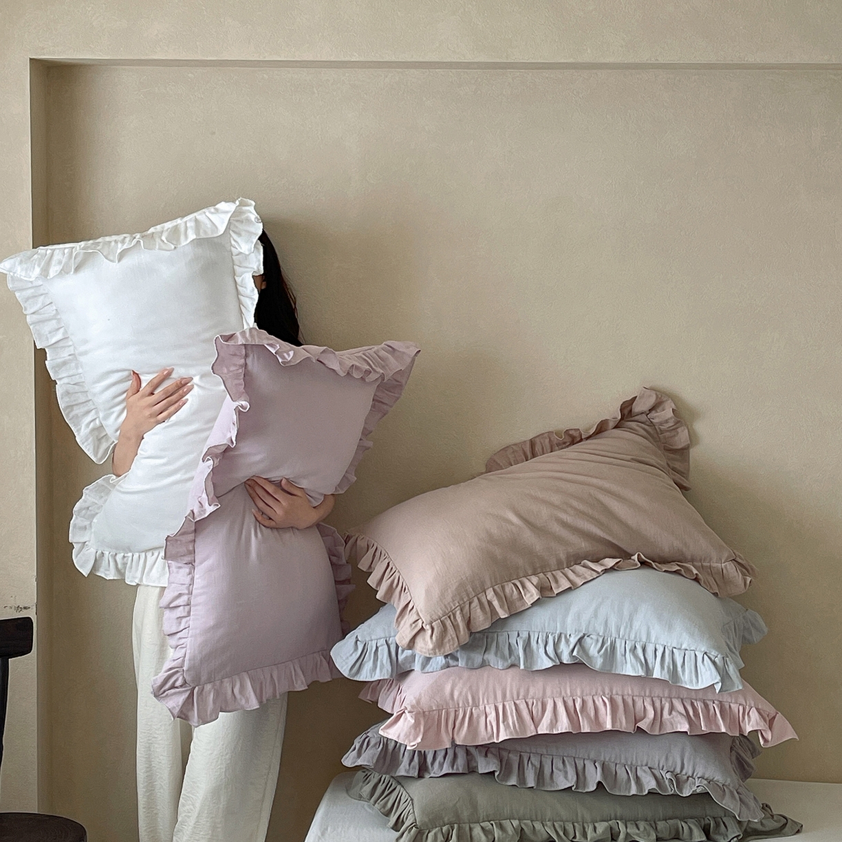 91家纺网 家纺一手货源 找家纺 三味舒屋 2025新款花边美学全棉双层纱单品单枕套 组合图仅供展示