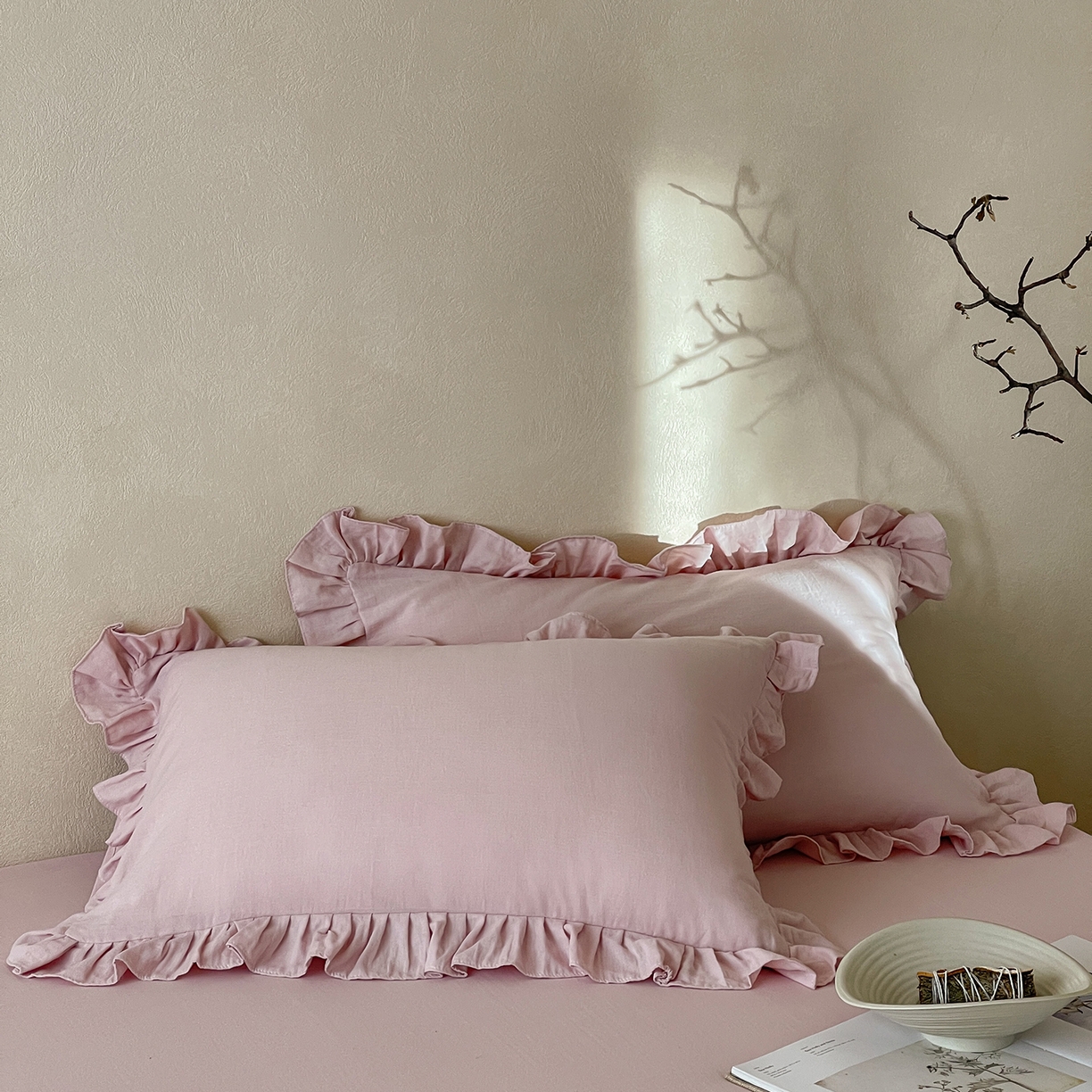 三味舒屋 2025新款花边美学全棉双层纱单品单枕套 粉茶花