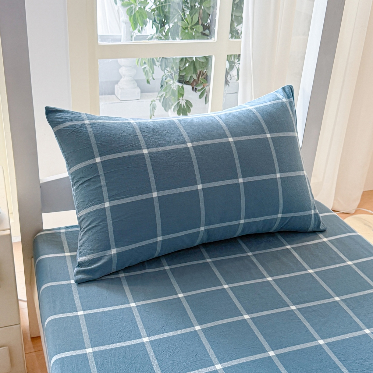 91家纺网 家纺一手货源 找家纺 盛秋家纺 2025新款A类水洗棉格子印花床笠单品床笠单件单床笠 灰大格