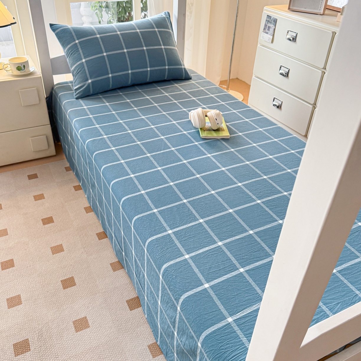 91家纺网 家纺一手货源 找家纺 盛秋家纺 2025新款A类水洗棉格子印花床笠单品床笠单件单床笠 灰大格