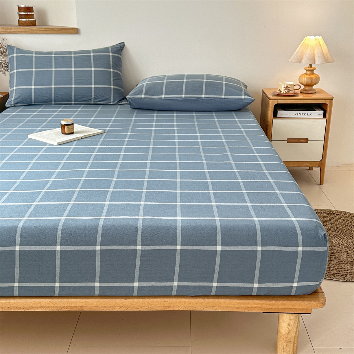 91家纺网 家纺一手货源 找家纺 盛秋家纺 2025新款A类水洗棉格子印花床笠单品床笠单件单床笠 灰大格