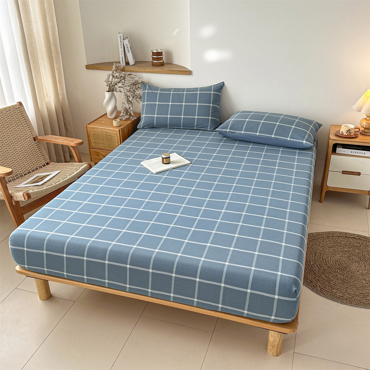 91家纺网 家纺一手货源 找家纺 盛秋家纺 2025新款A类水洗棉格子印花床笠单品床笠单件单床笠 灰大格