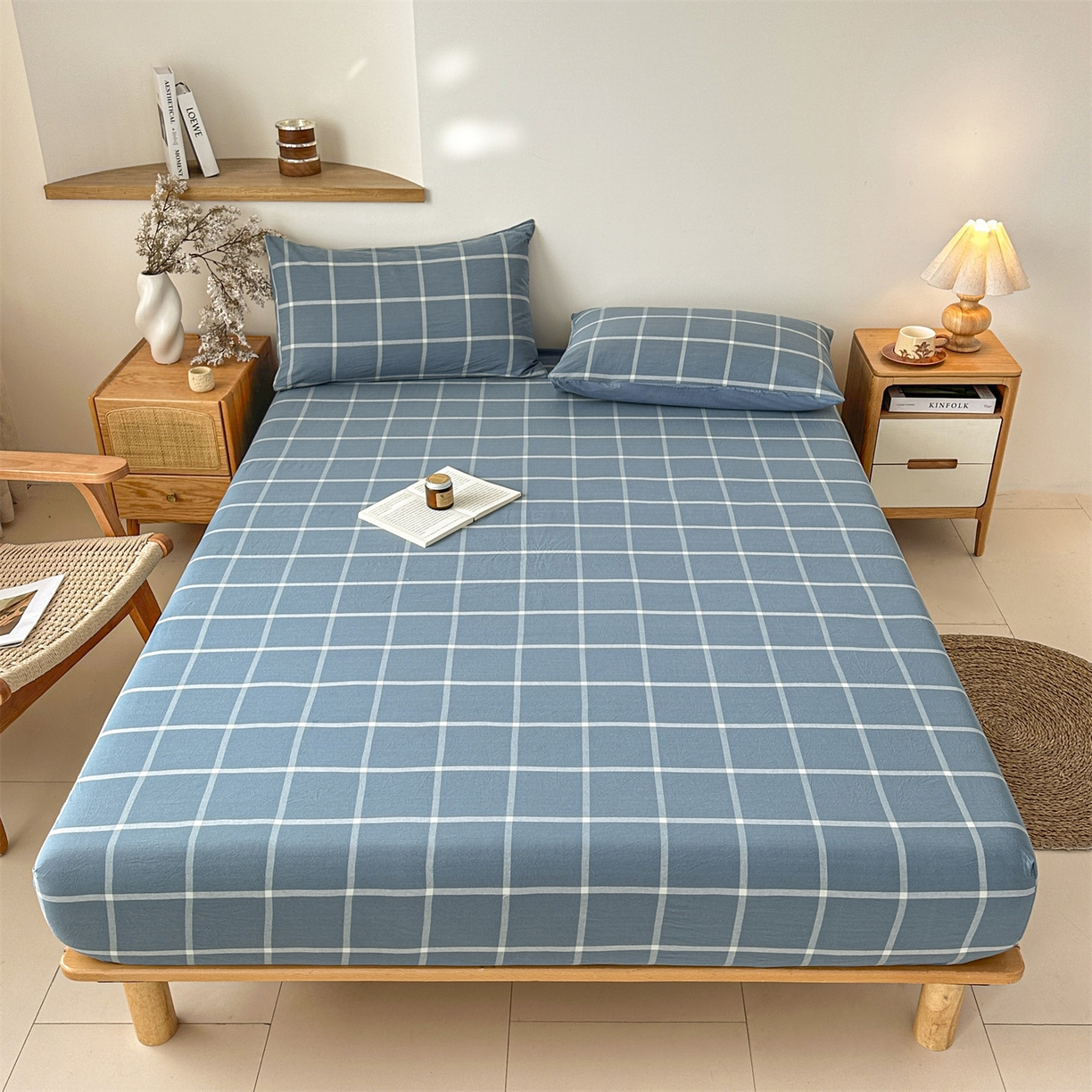 91家纺网 家纺一手货源 找家纺 盛秋家纺 2025新款A类水洗棉格子印花床笠单品床笠单件单床笠 灰大格