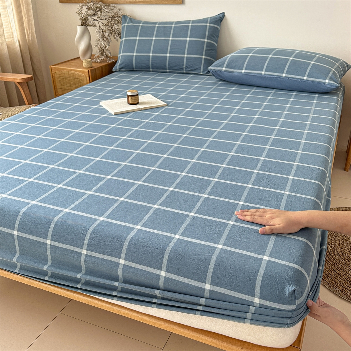 91家纺网 家纺一手货源 找家纺 盛秋家纺 2025新款A类水洗棉格子印花床笠单品床笠单件单床笠 灰大格