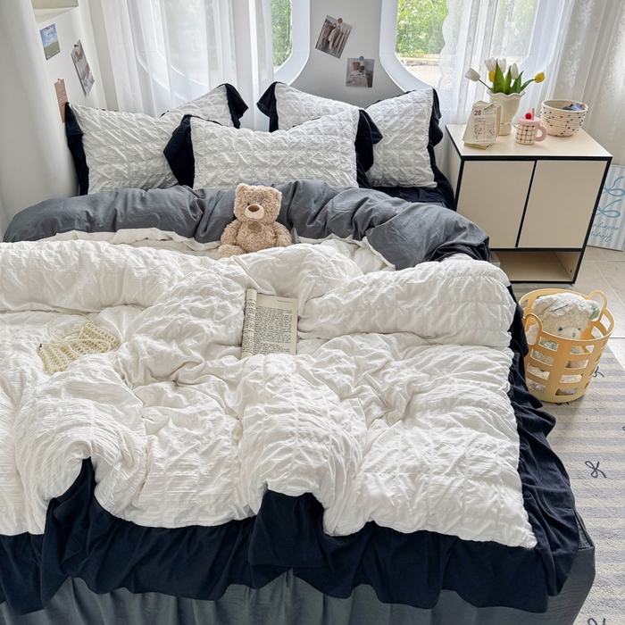 91家纺网 家纺一手货源 找家纺 优卡迪家纺馆 2025新款亲肤舒适A类法式泡泡纱花边款四件套 茉莉奶昔