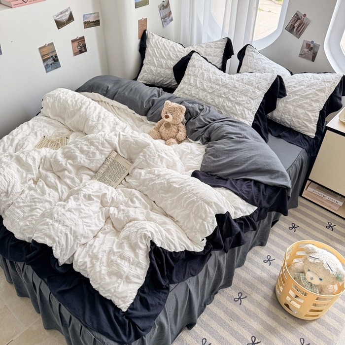 91家纺网 家纺一手货源 找家纺 优卡迪家纺馆 2025新款亲肤舒适A类法式泡泡纱花边款四件套 茉莉奶昔