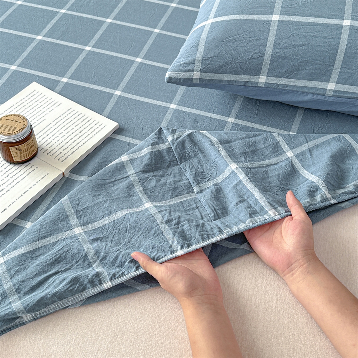 91家纺网 家纺一手货源 找家纺 盛秋家纺 2025新款A类水洗棉格子印花床笠单品床笠单件单床笠 灰大格