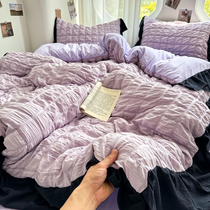 91家纺网 家纺一手货源 找家纺 优卡迪家纺馆 2025新款亲肤舒适A类法式泡泡纱花边款四件套 香芋紫薯