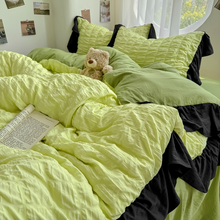 91家纺网 家纺一手货源 找家纺 优卡迪家纺馆 2025新款亲肤舒适A类法式泡泡纱花边款四件套 青柠蜜瓜