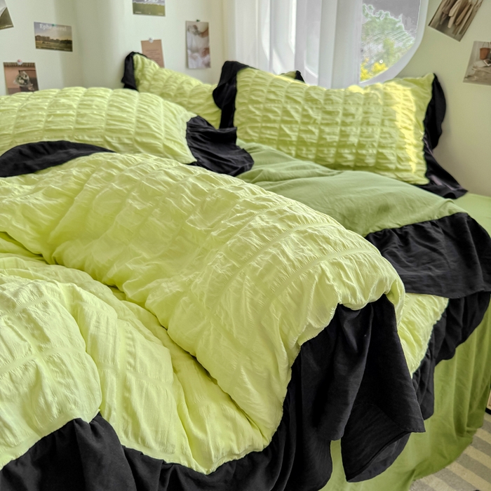 91家纺网 家纺一手货源 找家纺 优卡迪家纺馆 2025新款亲肤舒适A类法式泡泡纱花边款四件套 青柠蜜瓜