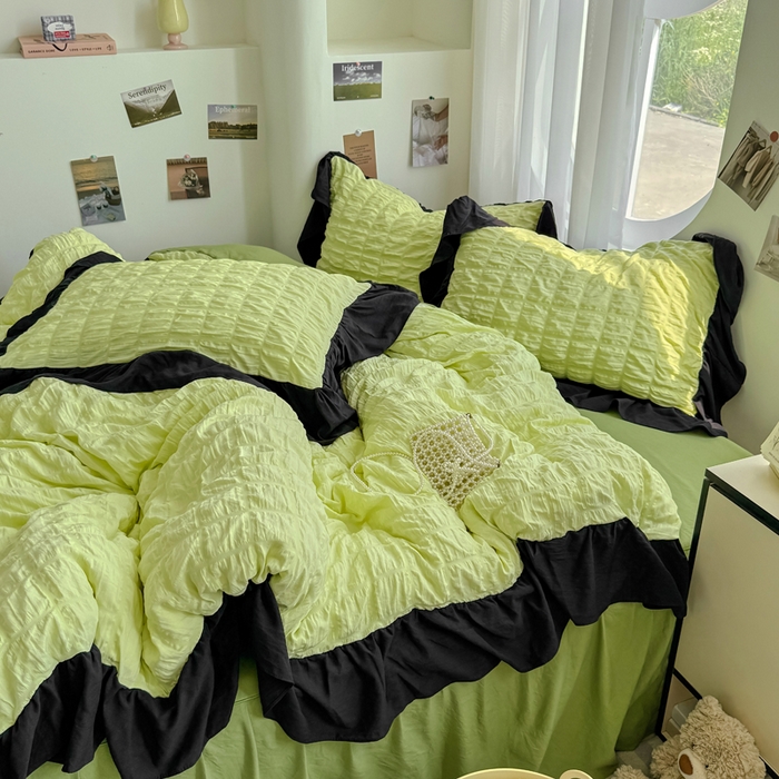 91家纺网 家纺一手货源 找家纺 优卡迪家纺馆 2025新款亲肤舒适A类法式泡泡纱花边款四件套 青柠蜜瓜