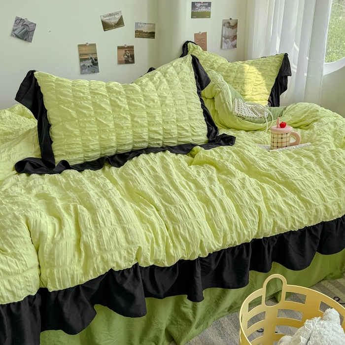 91家纺网 家纺一手货源 找家纺 优卡迪家纺馆 2025新款亲肤舒适A类法式泡泡纱花边款四件套 青柠蜜瓜