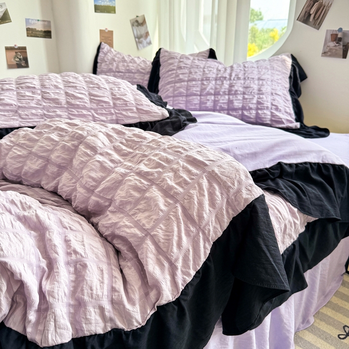 91家纺网 家纺一手货源 找家纺 优卡迪家纺馆 2025新款亲肤舒适A类法式泡泡纱花边款四件套 香芋紫薯