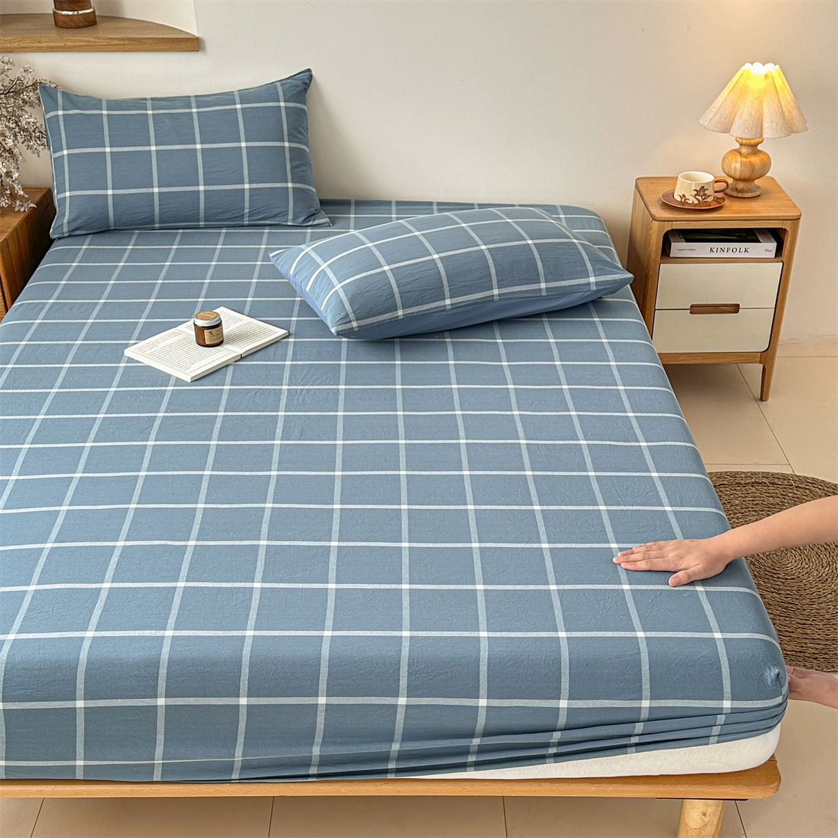 91家纺网 家纺一手货源 找家纺 盛秋家纺 2025新款A类水洗棉格子印花床笠单品床笠单件单床笠 灰大格