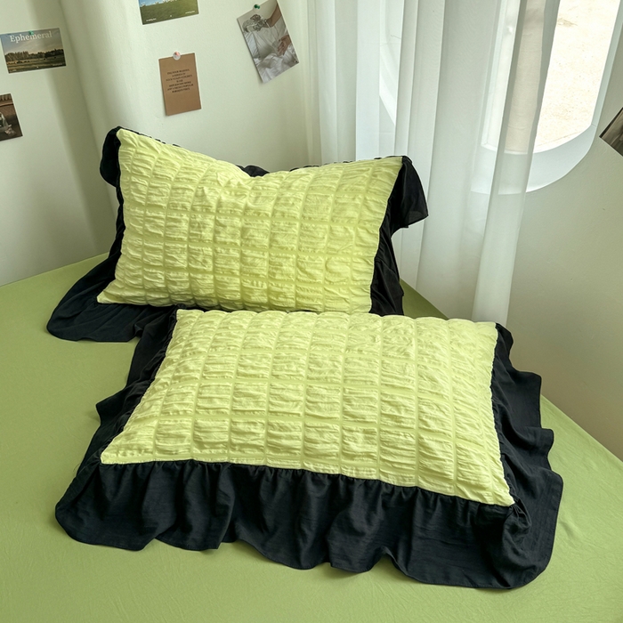 91家纺网 家纺一手货源 找家纺 优卡迪家纺馆 2025新款亲肤舒适A类法式泡泡纱花边款四件套 青柠蜜瓜