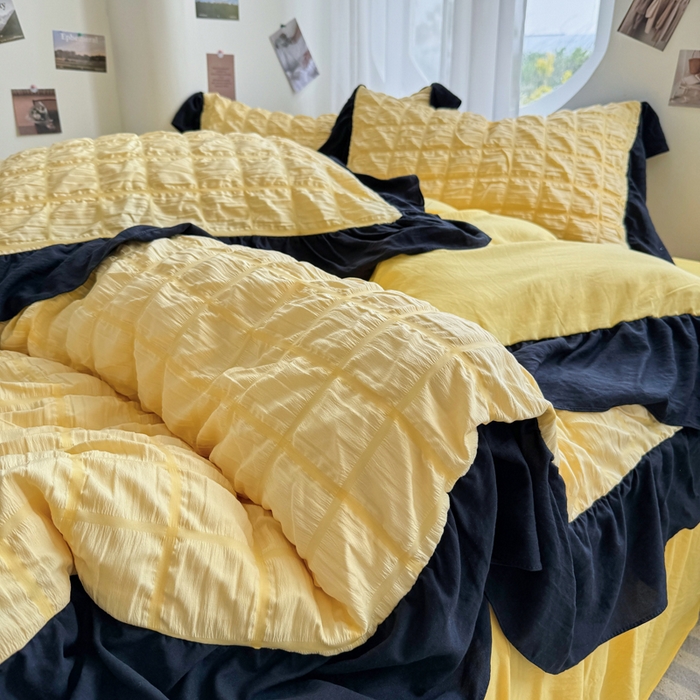 91家纺网 家纺一手货源 找家纺 优卡迪家纺馆 2025新款亲肤舒适A类法式泡泡纱花边款四件套 魔芋橙汁