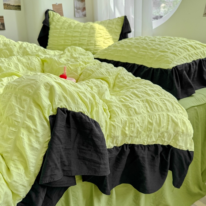 91家纺网 家纺一手货源 找家纺 优卡迪家纺馆 2025新款亲肤舒适A类法式泡泡纱花边款四件套 青柠蜜瓜