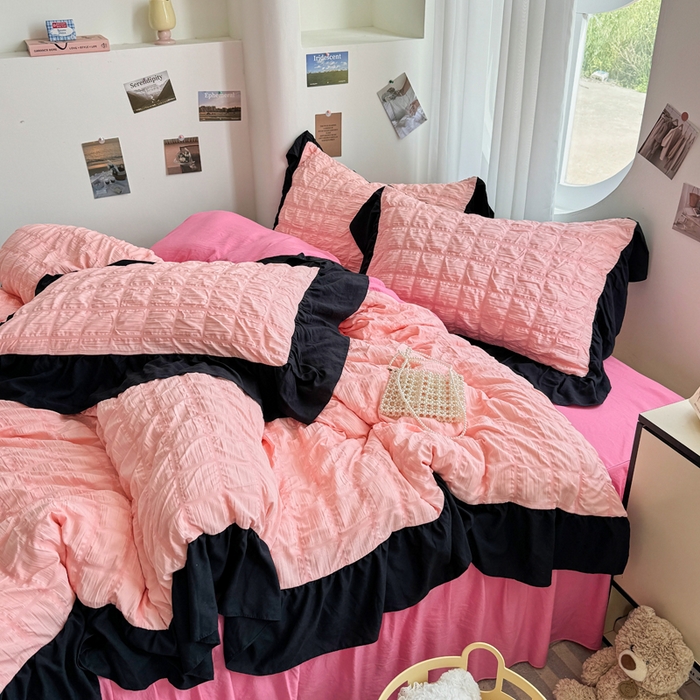 91家纺网 家纺一手货源 找家纺 优卡迪家纺馆 2025新款亲肤舒适A类法式泡泡纱花边款四件套 奶油蜜桃