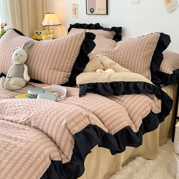 91家纺网 家纺一手货源 找家纺 优卡迪家纺馆 2025新款亲肤舒适A类法式泡泡纱花边款四件套 生椰拿铁