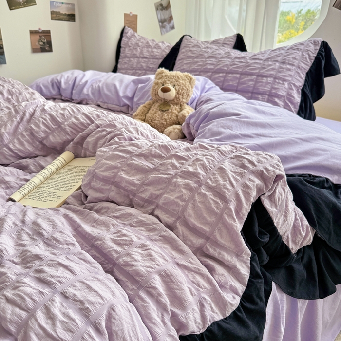 91家纺网 家纺一手货源 找家纺 优卡迪家纺馆 2025新款亲肤舒适A类法式泡泡纱花边款四件套 香芋紫薯