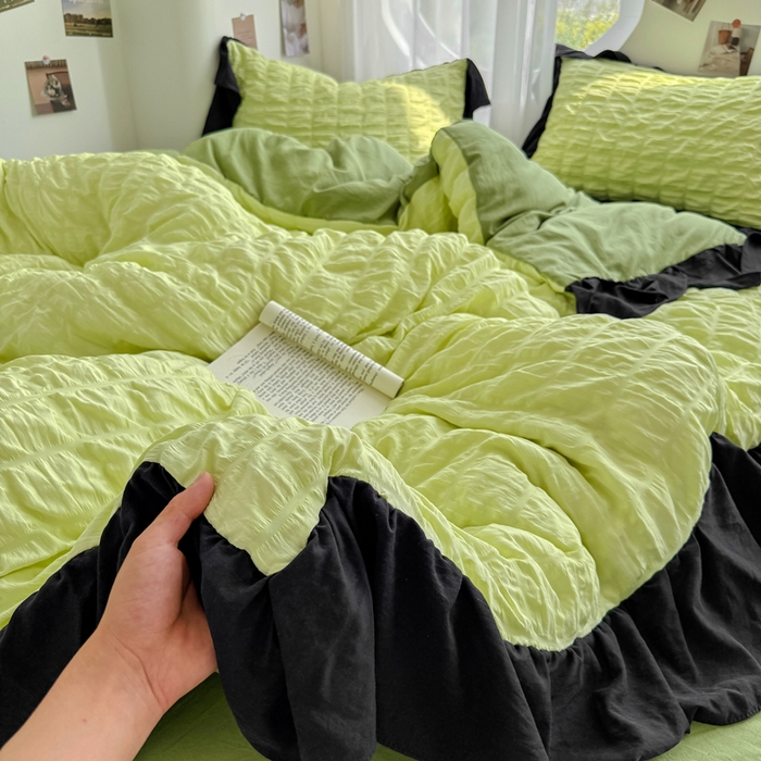 91家纺网 家纺一手货源 找家纺 优卡迪家纺馆 2025新款亲肤舒适A类法式泡泡纱花边款四件套 青柠蜜瓜