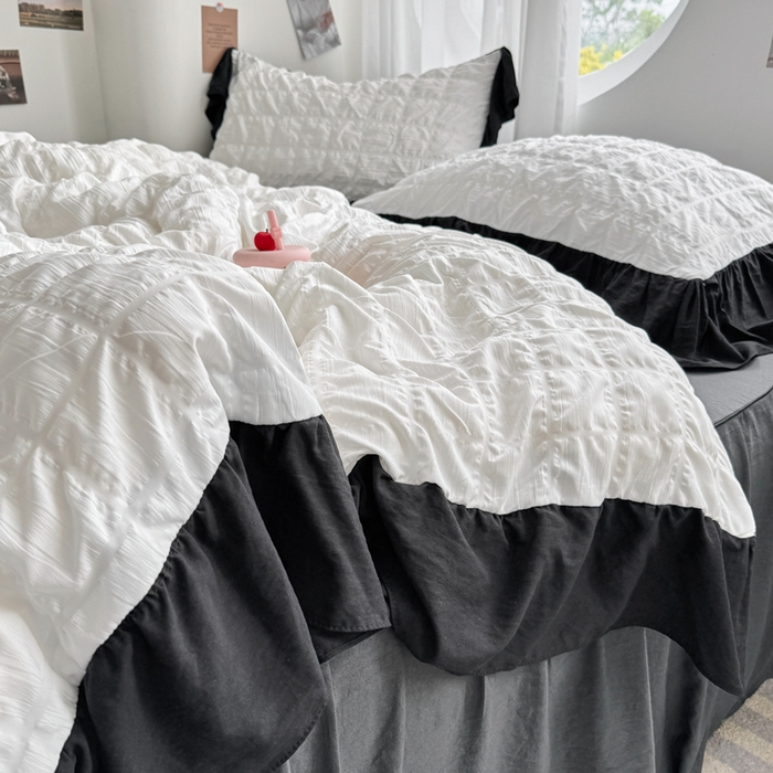 91家纺网 家纺一手货源 找家纺 优卡迪家纺馆 2025新款亲肤舒适A类法式泡泡纱花边款四件套 茉莉奶昔