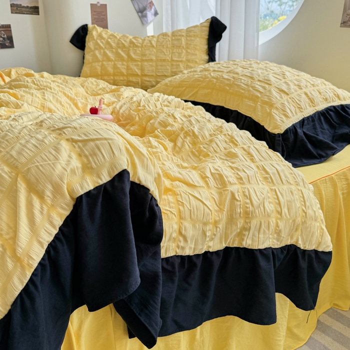 91家纺网 家纺一手货源 找家纺 优卡迪家纺馆 2025新款亲肤舒适A类法式泡泡纱花边款四件套 魔芋橙汁