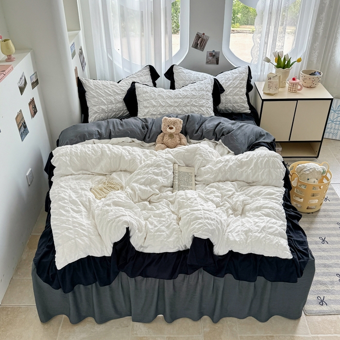 91家纺网 家纺一手货源 找家纺 优卡迪家纺馆 2025新款亲肤舒适A类法式泡泡纱花边款四件套 茉莉奶昔