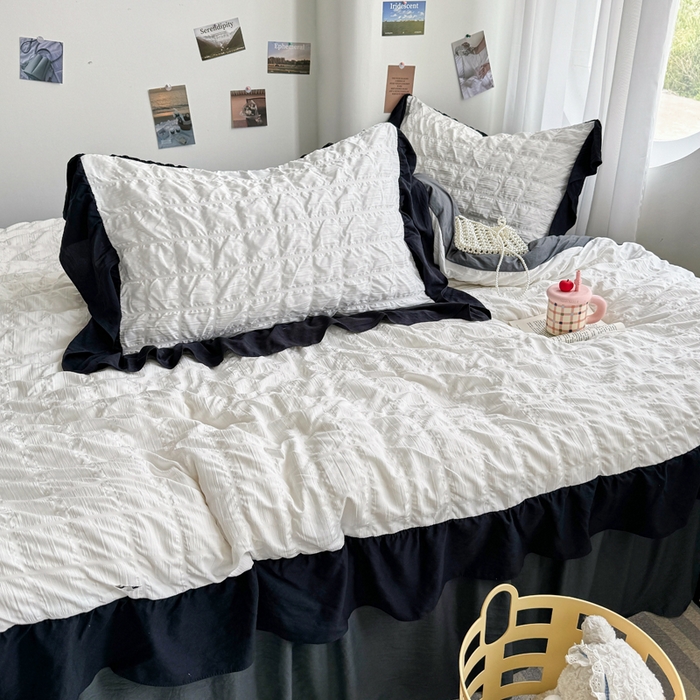 91家纺网 家纺一手货源 找家纺 优卡迪家纺馆 2025新款亲肤舒适A类法式泡泡纱花边款四件套 茉莉奶昔