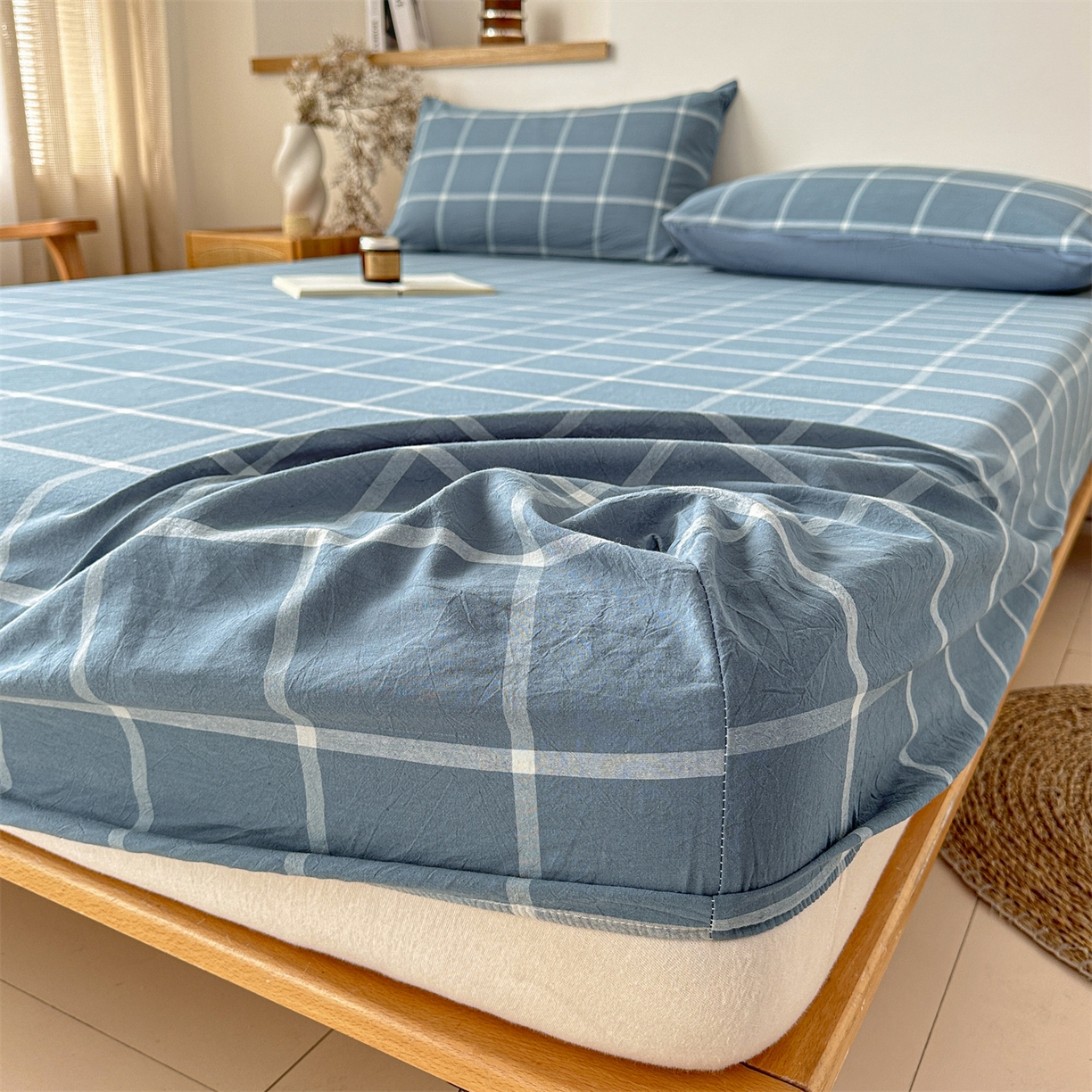 91家纺网 家纺一手货源 找家纺 盛秋家纺 2025新款A类水洗棉格子印花床笠单品床笠单件单床笠 灰大格