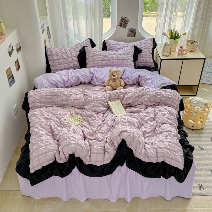 91家纺网 家纺一手货源 找家纺 优卡迪家纺馆 2025新款亲肤舒适A类法式泡泡纱花边款四件套 香芋紫薯