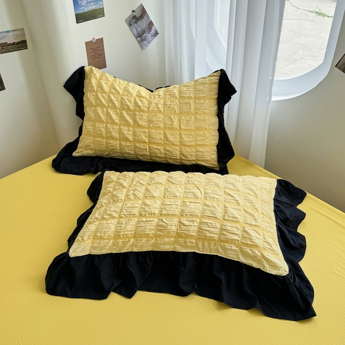 91家纺网 家纺一手货源 找家纺 优卡迪家纺馆 2025新款亲肤舒适A类法式泡泡纱花边款四件套 魔芋橙汁