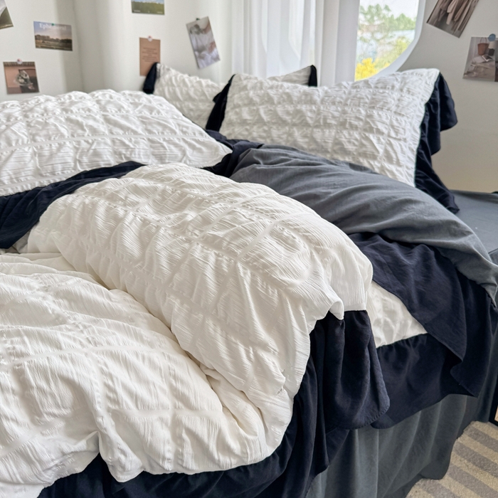 优卡迪家纺馆 2025新款亲肤舒适A类法式泡泡纱花边款四件套 茉莉奶昔