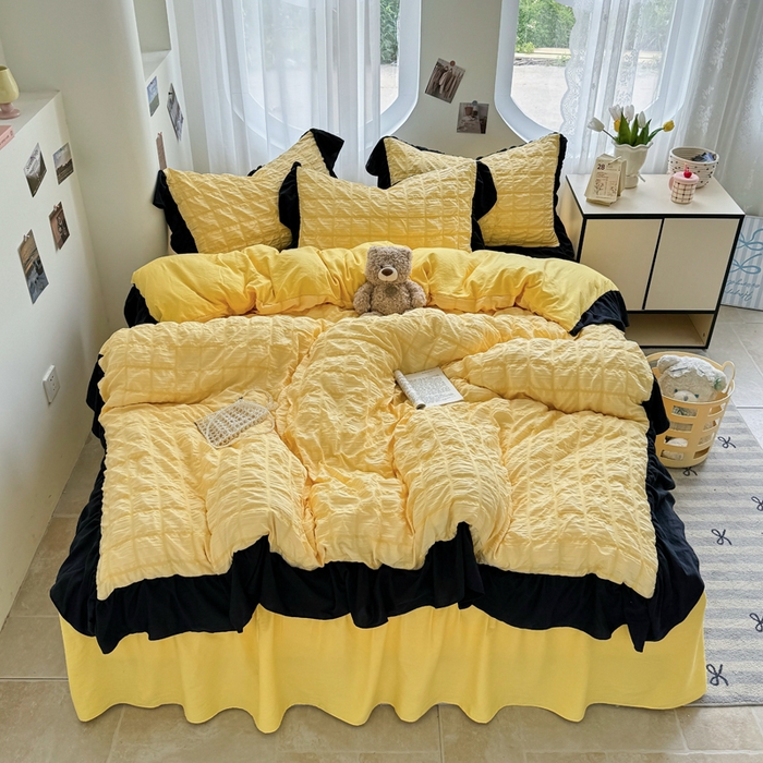 91家纺网 家纺一手货源 找家纺 优卡迪家纺馆 2025新款亲肤舒适A类法式泡泡纱花边款四件套 魔芋橙汁