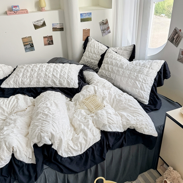 91家纺网 家纺一手货源 找家纺 优卡迪家纺馆 2025新款亲肤舒适A类法式泡泡纱花边款四件套 茉莉奶昔