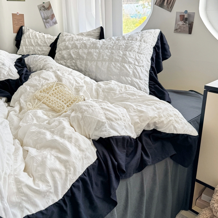 91家纺网 家纺一手货源 找家纺 优卡迪家纺馆 2025新款亲肤舒适A类法式泡泡纱花边款四件套 茉莉奶昔