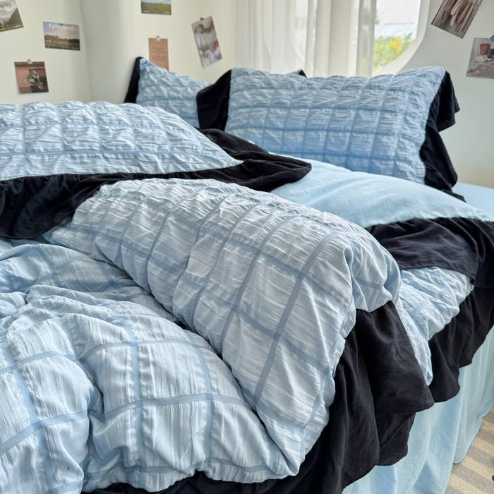 91家纺网 家纺一手货源 找家纺 优卡迪家纺馆 2025新款亲肤舒适A类法式泡泡纱花边款四件套 蓝莓仙草