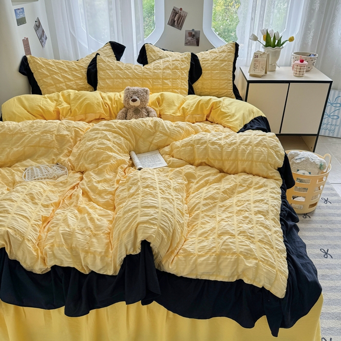 91家纺网 家纺一手货源 找家纺 优卡迪家纺馆 2025新款亲肤舒适A类法式泡泡纱花边款四件套 魔芋橙汁