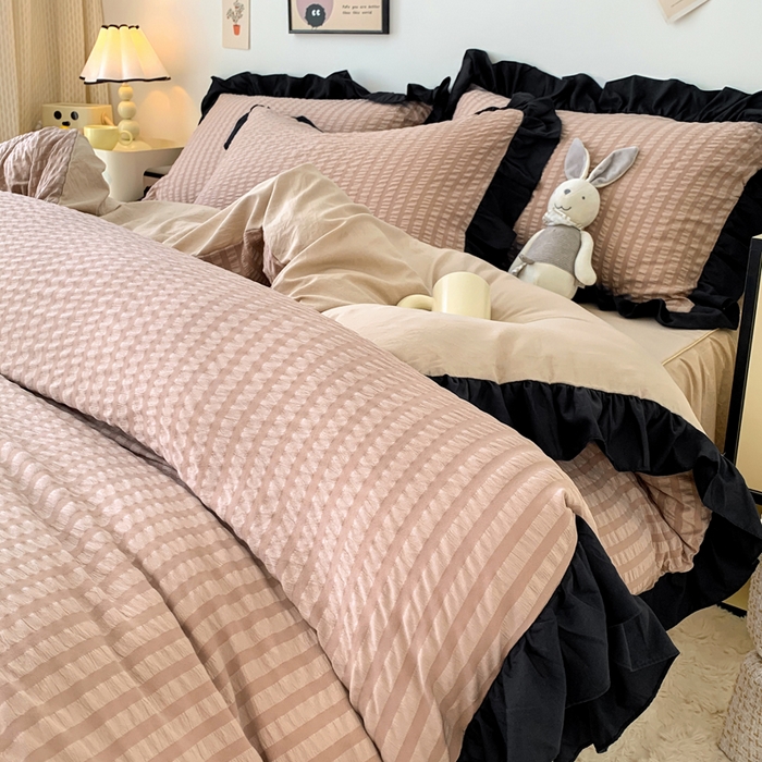 优卡迪家纺馆 2025新款亲肤舒适A类法式泡泡纱花边款四件套 生椰拿铁