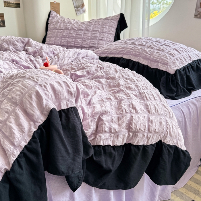 91家纺网 家纺一手货源 找家纺 优卡迪家纺馆 2025新款亲肤舒适A类法式泡泡纱花边款四件套 香芋紫薯