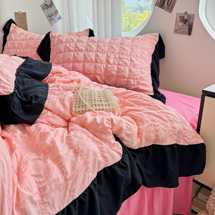 91家纺网 家纺一手货源 找家纺 优卡迪家纺馆 2025新款亲肤舒适A类法式泡泡纱花边款四件套 奶油蜜桃