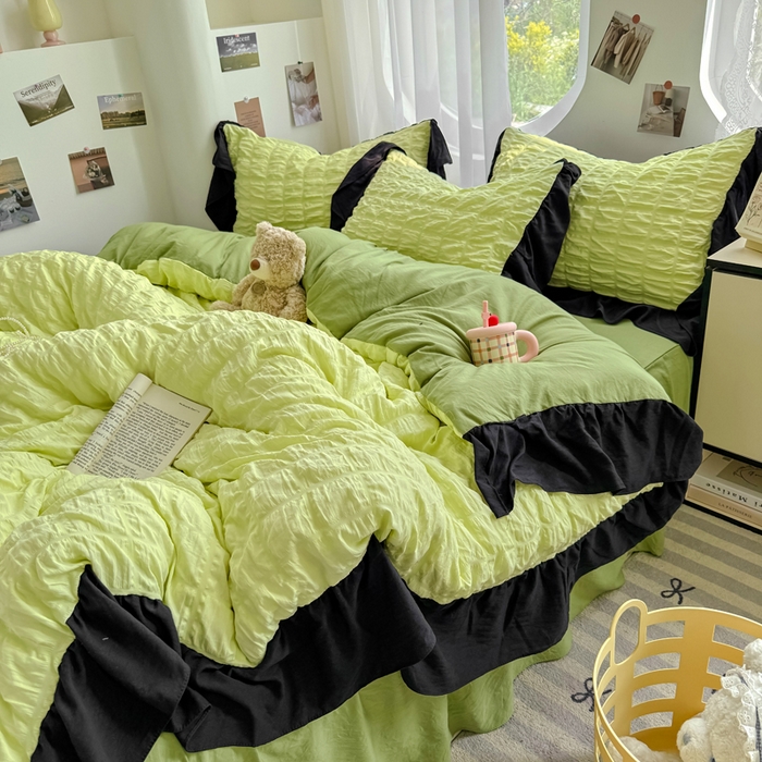 91家纺网 家纺一手货源 找家纺 优卡迪家纺馆 2025新款亲肤舒适A类法式泡泡纱花边款四件套 青柠蜜瓜