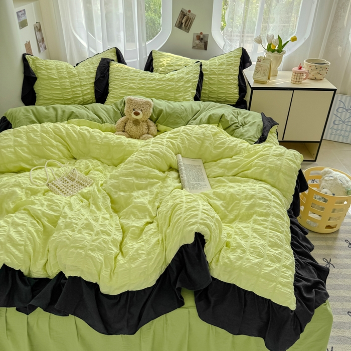 91家纺网 家纺一手货源 找家纺 优卡迪家纺馆 2025新款亲肤舒适A类法式泡泡纱花边款四件套 青柠蜜瓜