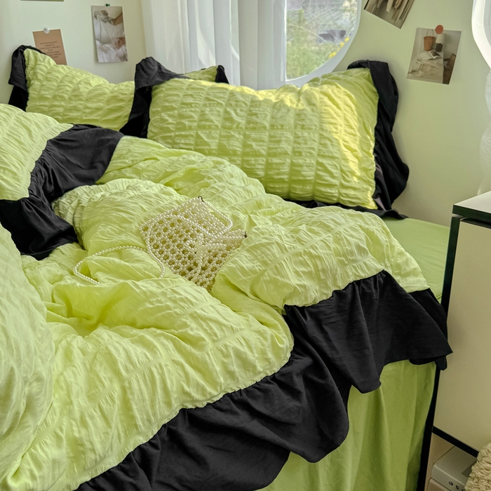 91家纺网 家纺一手货源 找家纺 优卡迪家纺馆 2025新款亲肤舒适A类法式泡泡纱花边款四件套 青柠蜜瓜